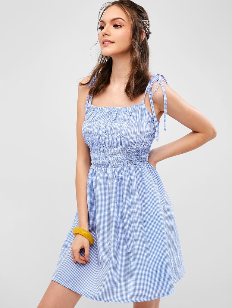 ZAFUL Smocked Gingham Tie Straps Dress Selena Gomez in Blue Dress
