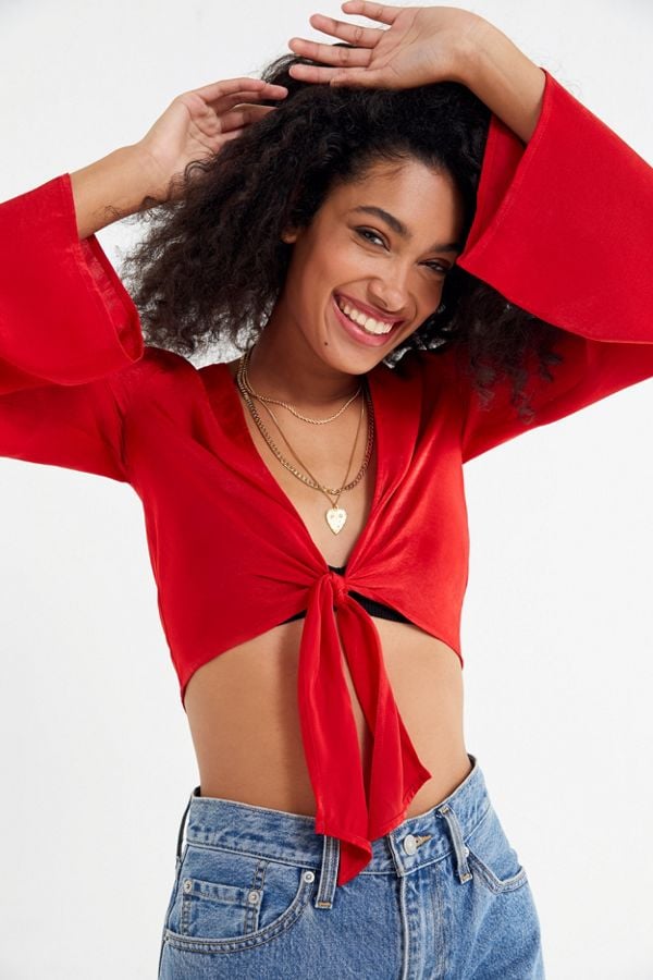 Out From Under Penelope Satin Tie-Front Cropped Top