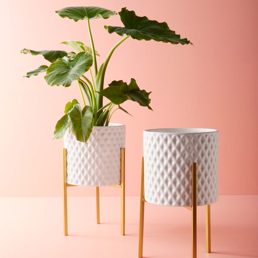 White Geometric Ceramic Planter With Golden Stand
