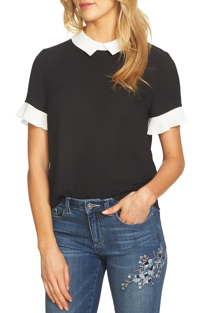 CeCe Pleat Sleeve Collared Crepe Blouse