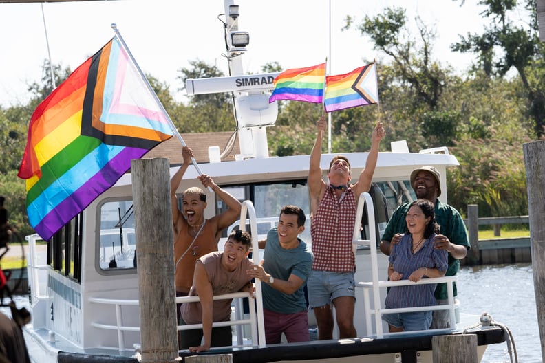 (From L-R): Tomas Matos,  Joel Kim Booster, Conrad Ricamora, Matt Rogers, Margaret Cho and Torian Miller in the film FIRE ISLAND. Photo by Jeong Park. Courtesy of Searchlight Pictures. © 2022 20th Century Studios All Rights Reserved