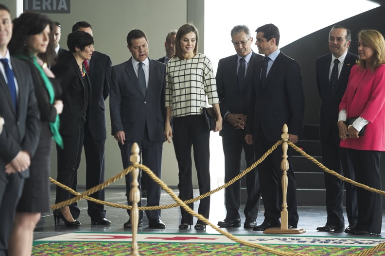 Queen Letizia Wore Her Favorite Hugo Boss Windowpane Top With a Pair of Black Pants and Heels