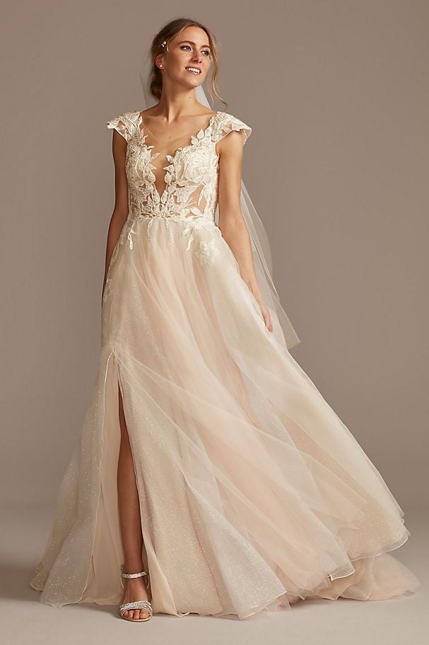 Illusion Cap-Sleeve Lace Appliqued Wedding Dress