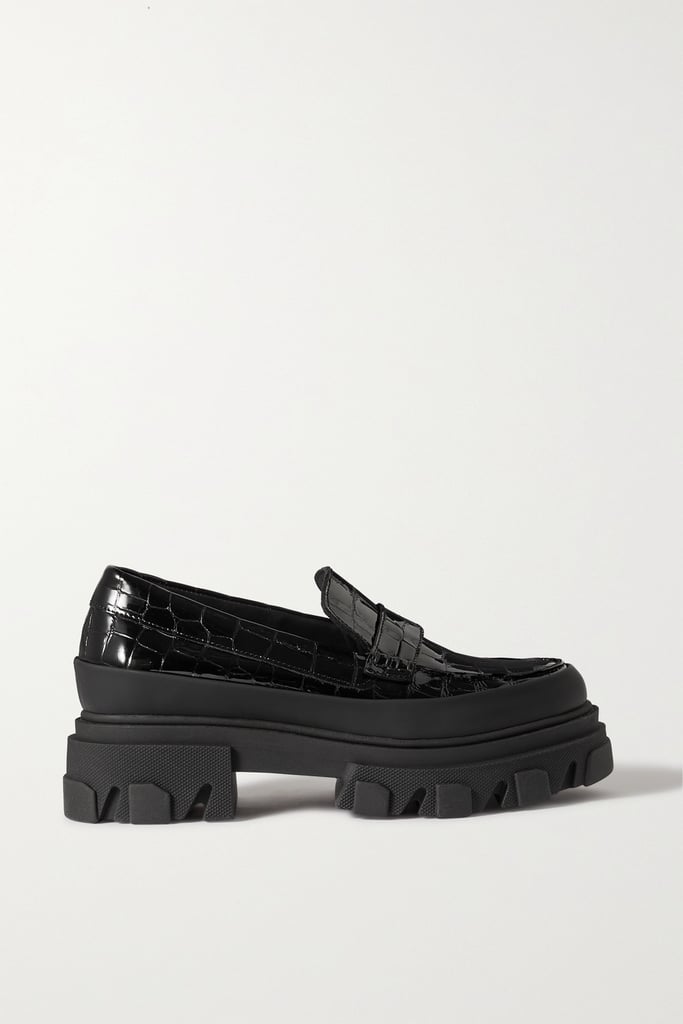 Ganni Black Glossed Croc-Effect Leather Platform Loafers