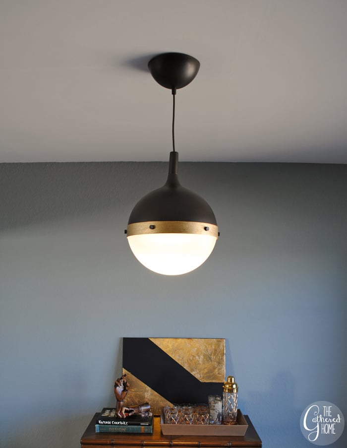 I just realized that this means just about every room in the house has some sort of DIY or modified light fixture now — the plumbing pipe light in the kitchen, the copper pipe icosahedron light in the office, the agate slice sconces in the living room, the midcentury chandelier + gold sunburst medallion in the dining room, my accordion sconces in the bedroom, and now a DIY Hicks-inspired pendant light in the "lounge" . . .
I refuse to admit I have a problem, just a deep and enduring love of interesting light fixtures!
Check out more decor inspiration from The Gathered Home:

DIY Gold-Leaf-Embellished Curtains
DIY Ikea Hack Accordion Sconces
DIY Copper Pipe Icosahedron Light Fixture