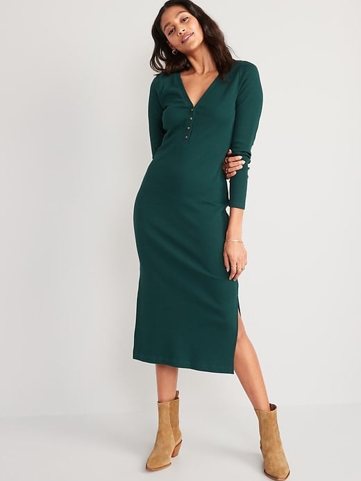 Old Navy Fitted Long-Sleeve Rib-Knit Henley Midi Dress