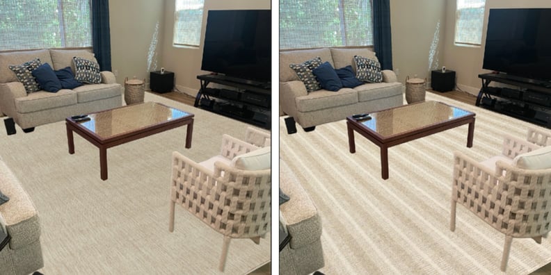 Side by Side Renderings of the Cream Calamus Rug and Stiped Cream and Brown Amelia Rug in the Writer's Living Room