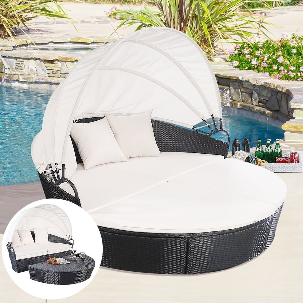 Homall Backyard Poolside Garden Round With Retractable Canopy Wicker Rattan