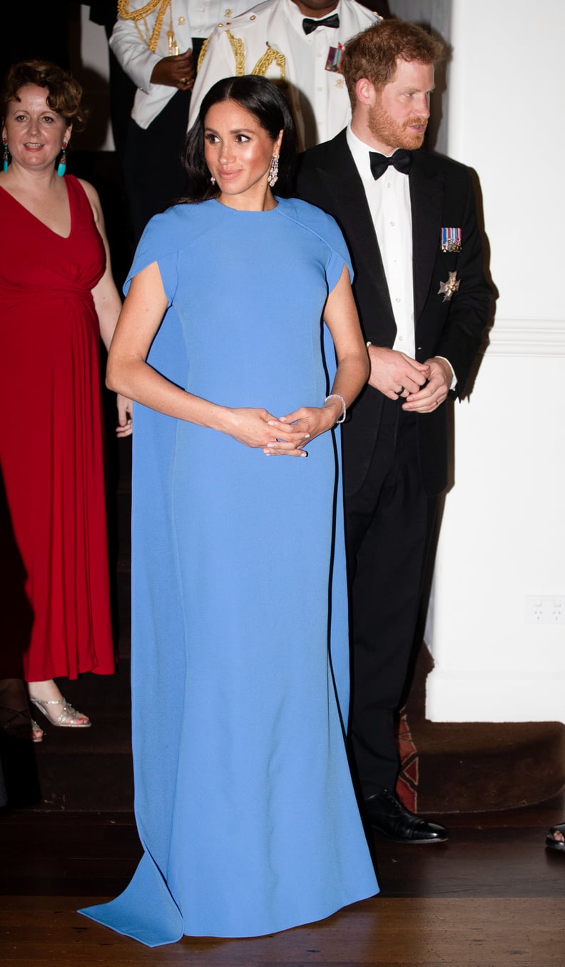 Meghan in a Sky Blue Cape Dress