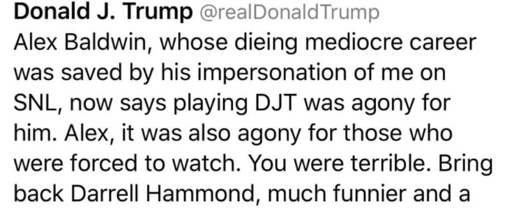 Trump Tweet Calling Alec Baldwin Alex and Misspelling Dying