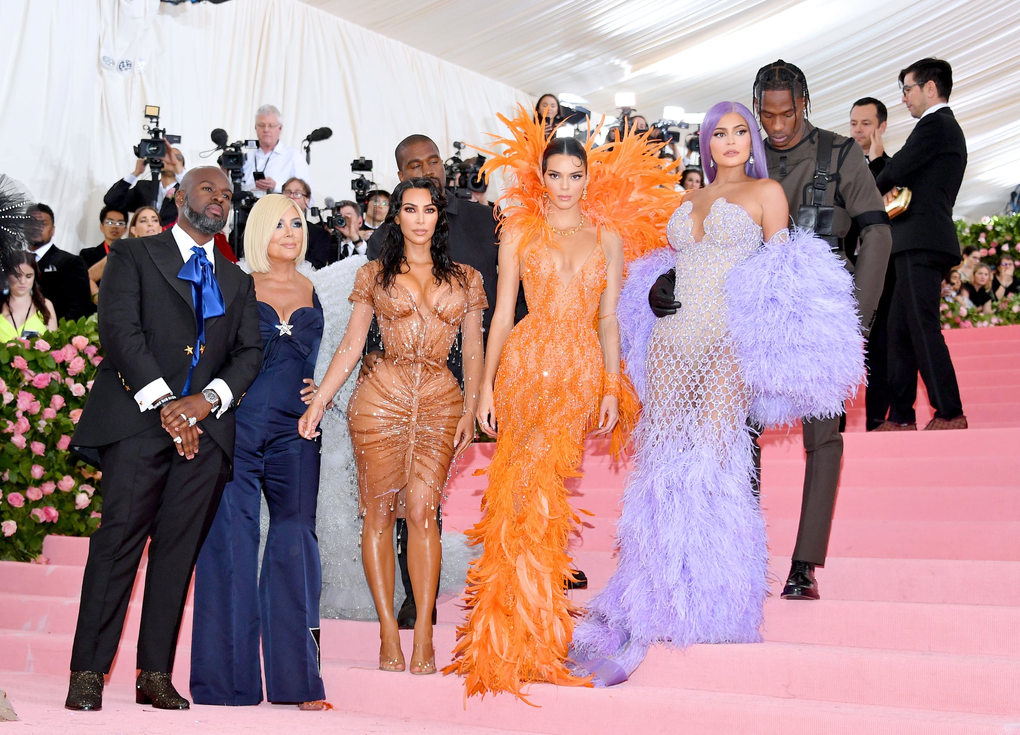 NEW YORK, NEW YORK - MAY 06: Corey Gamble, Kris Jenner, Kanye West, Kim Kardashian West, Kendall Jenner, Kylie Jenner and Travis Scott attend The 2019 Met Gala Celebrating Camp: Notes on Fashion at Metropolitan Museum of Art on May 06, 2019 in New York City. (Photo by Dia Dipasupil/FilmMagic)