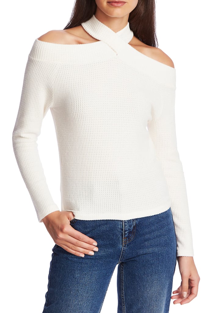 1.State Cosy Crisscross Neck Cold Shoulder Top