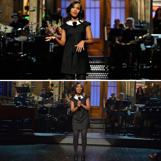 Just days after news of her pregnancy broke, Washington opened her episode of SNL in a black A-line dress with a single pleat at the front.