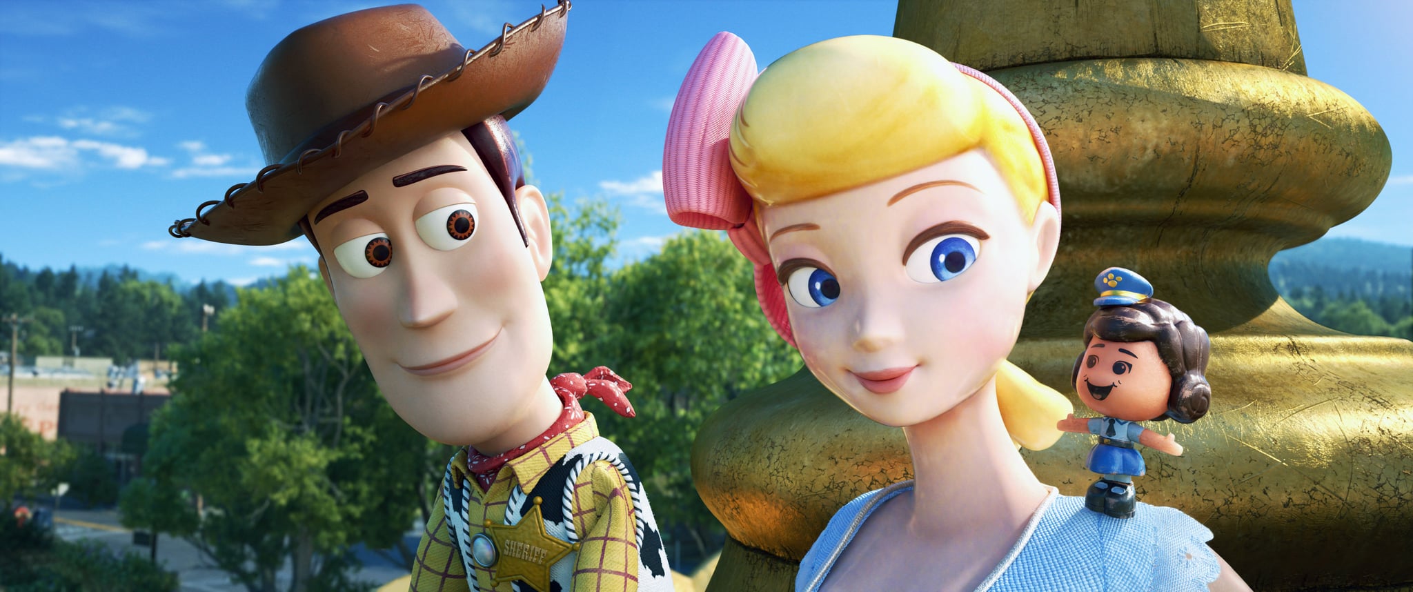 TOY STORY 4, from left: Woody (voice: Tom Hanks), Bo Peep (voice: Annie Potts), Giggles McDimples, 2019.  Walt Disney Studios Motion Pictures / courtesy Everett Collection