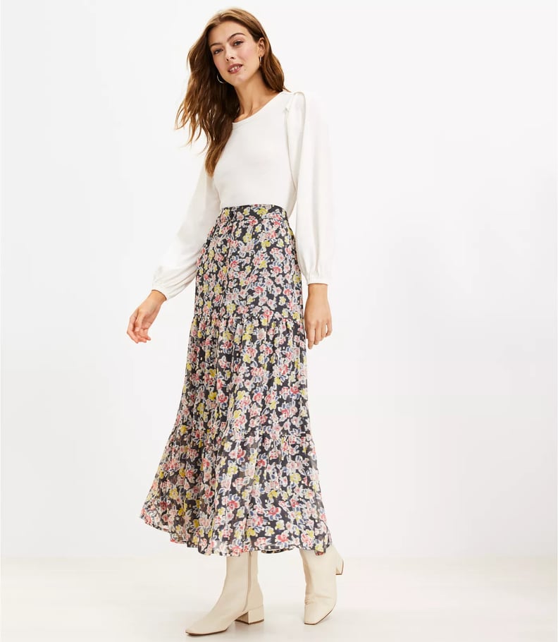 Best Patterned Maxi Skirt: Loft Shimmer Floral Button Tiered Maxi Skirt