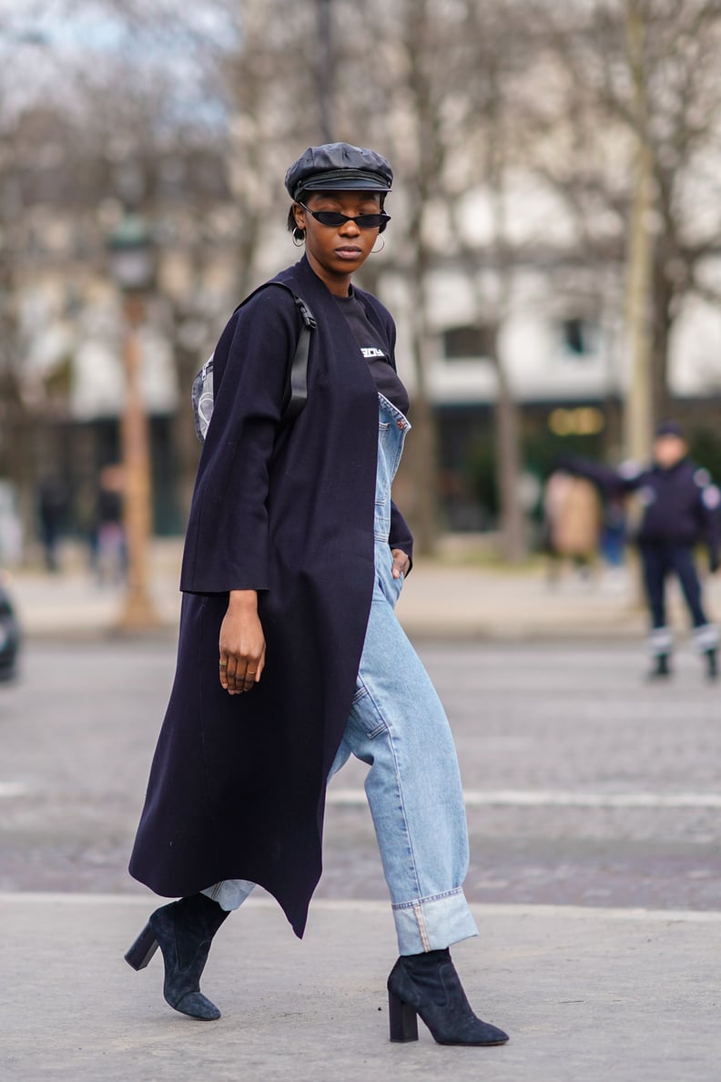 With a Flowy Trench Coat, Suede Ankle Boots, and a Baker Boy Hat