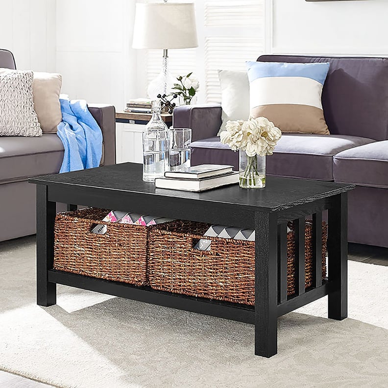 Black Wood Coffee Table With Storage Baskets