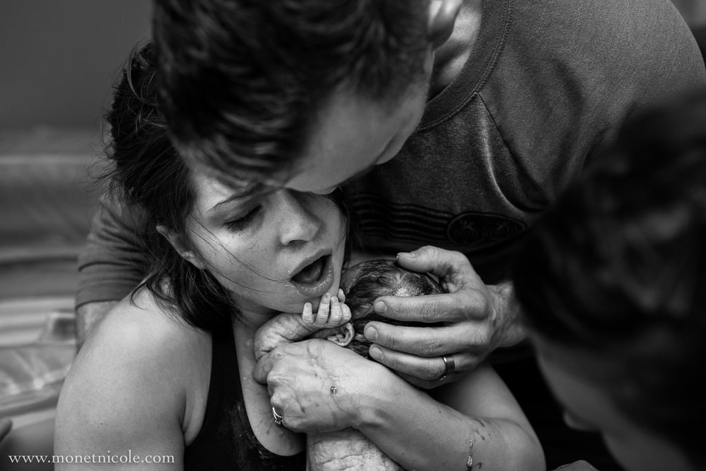 "Home births after C-sections are often incredibly powerful experiences. Dr. Mike is a chiropractor, and he actually adjusted his wife during labor. They worked together beautifully — he held her up while she was pushing, and when they brought their daughter up into her arms, the joy and love was palpable."