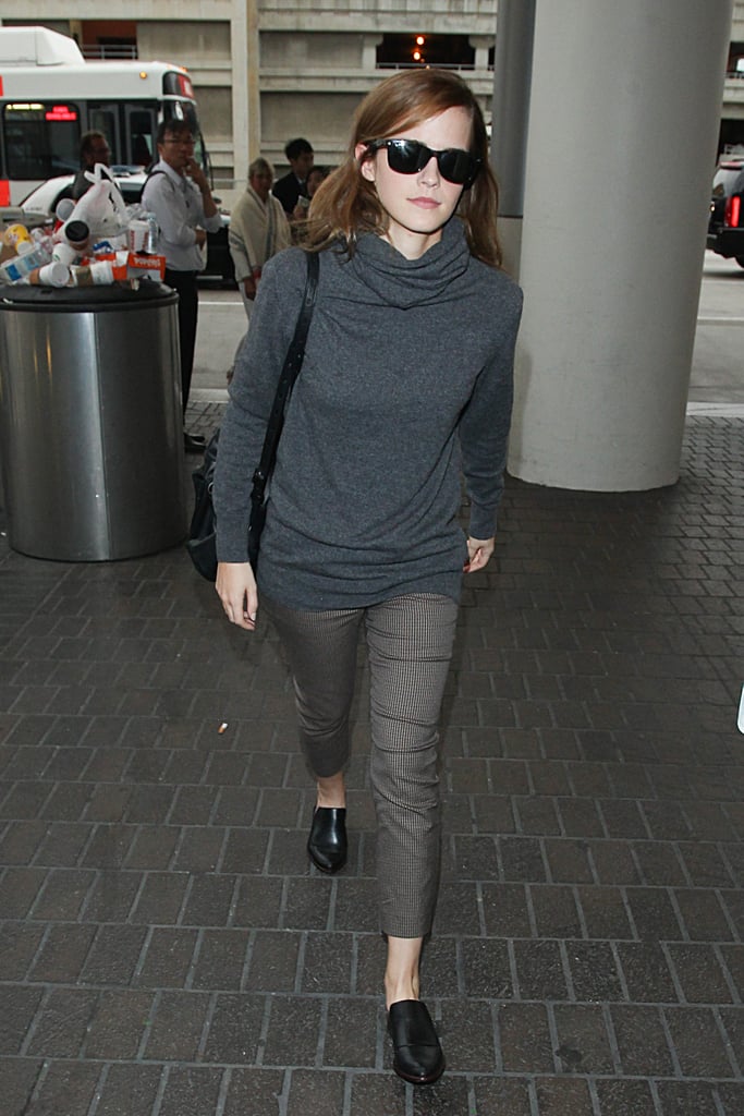 Emma Watson gave easy separates a smart finish with polished loafers on her way out of LAX.