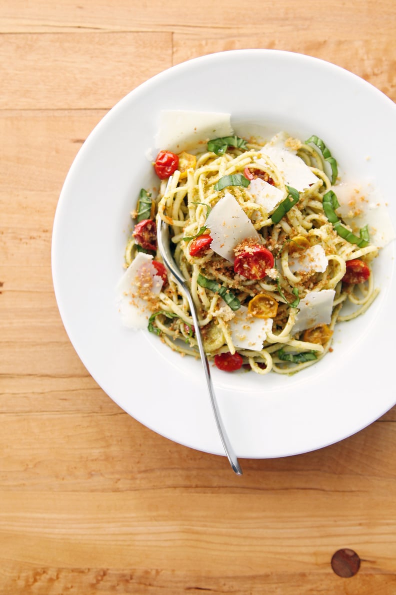 Pasta With Pesto, Roasted Tomatoes, and Breadcrumbs