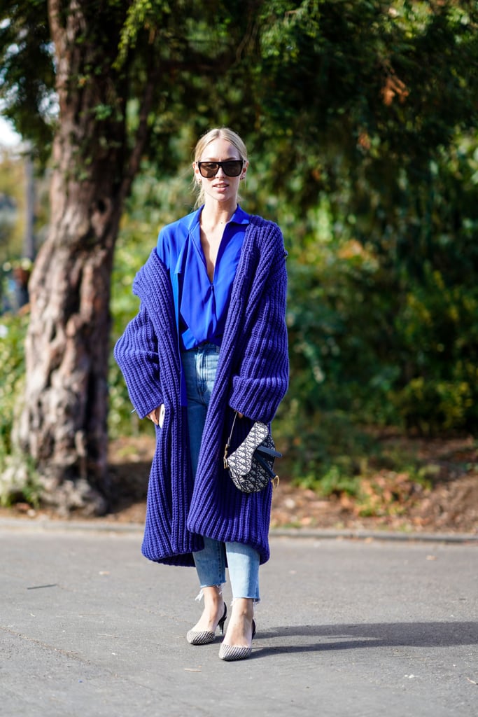 Embrace the blue jean theme with a robe coat in the same brilliant colour