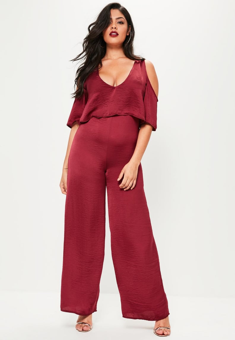 Missguided Plus Size Burgundy Hammered Satin Cold-Shoulder Romper