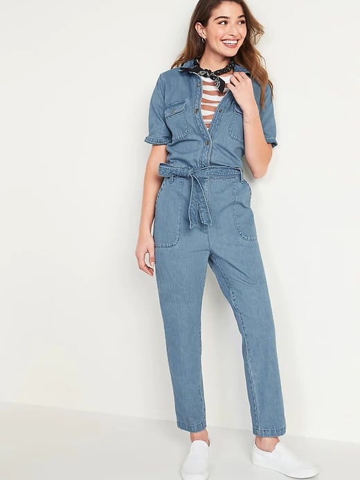 Old Navy Tie-Belt Short-Sleeve Jean Jumpsuit | Spring Denim Trends at ...