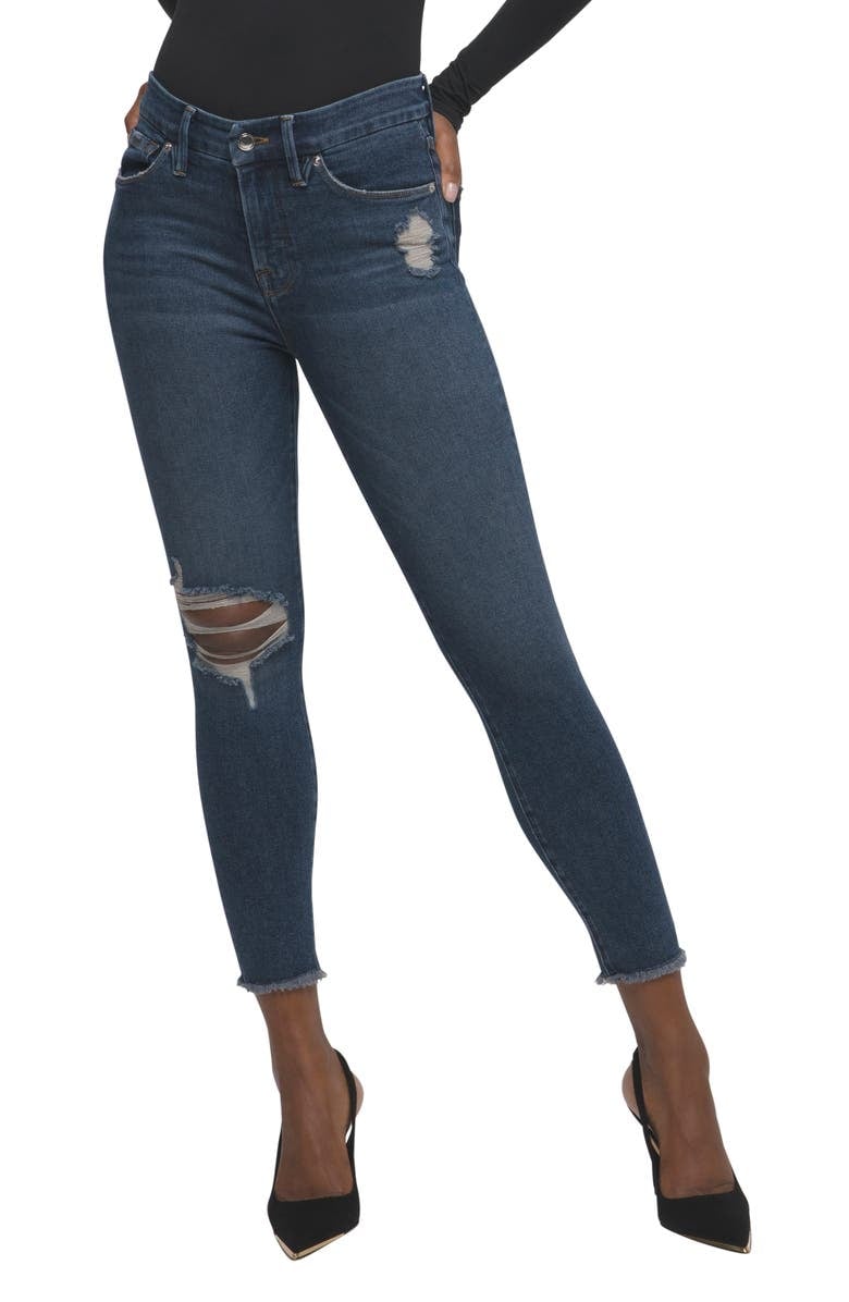 Good American Good Legs Fray Hem Distressed Crop Skinny Jeans