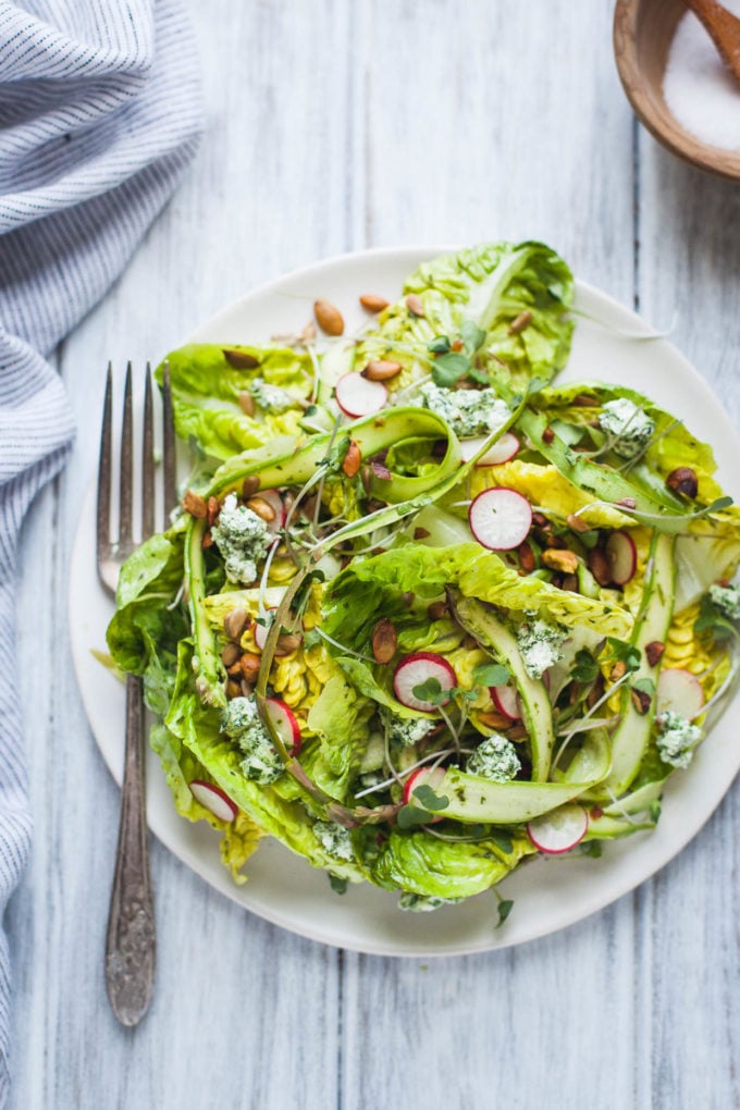 Little Gem Spring Salad With Toasted Seeds and Herbed Goat Cheese