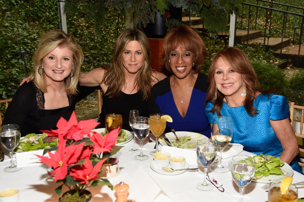 Jennifer Aniston caught up with Arianna Huffington, Gayle King, and Marlo Thomas at an event for her movie Cake in NYC on Wednesday.