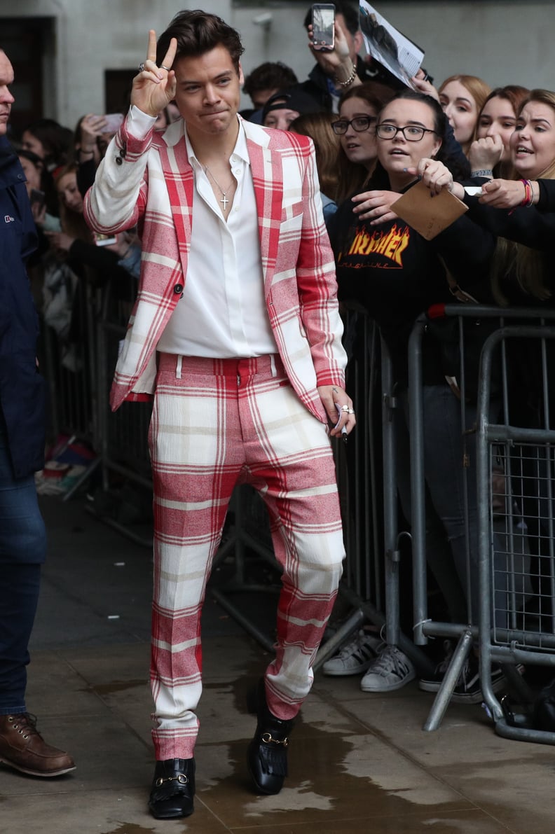 Harry Styles Wearing a Red-and-White-Plaid Vivienne Westwood Suit in 2017