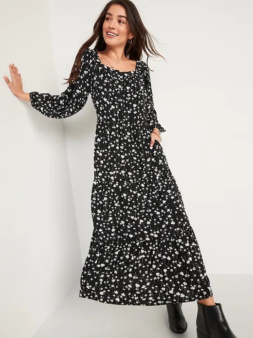 Old Navy Long-Sleeve Floral-Print Tiered Midi Swing Dress