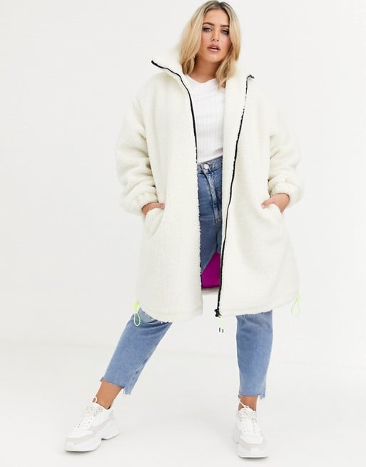 Asos Design Curve Longline Fleece Coat With Neon Trim Detail