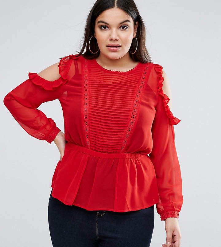 Asos Ruffle Cold Shoulder Blouse with Pintuck Front and Lace Insert