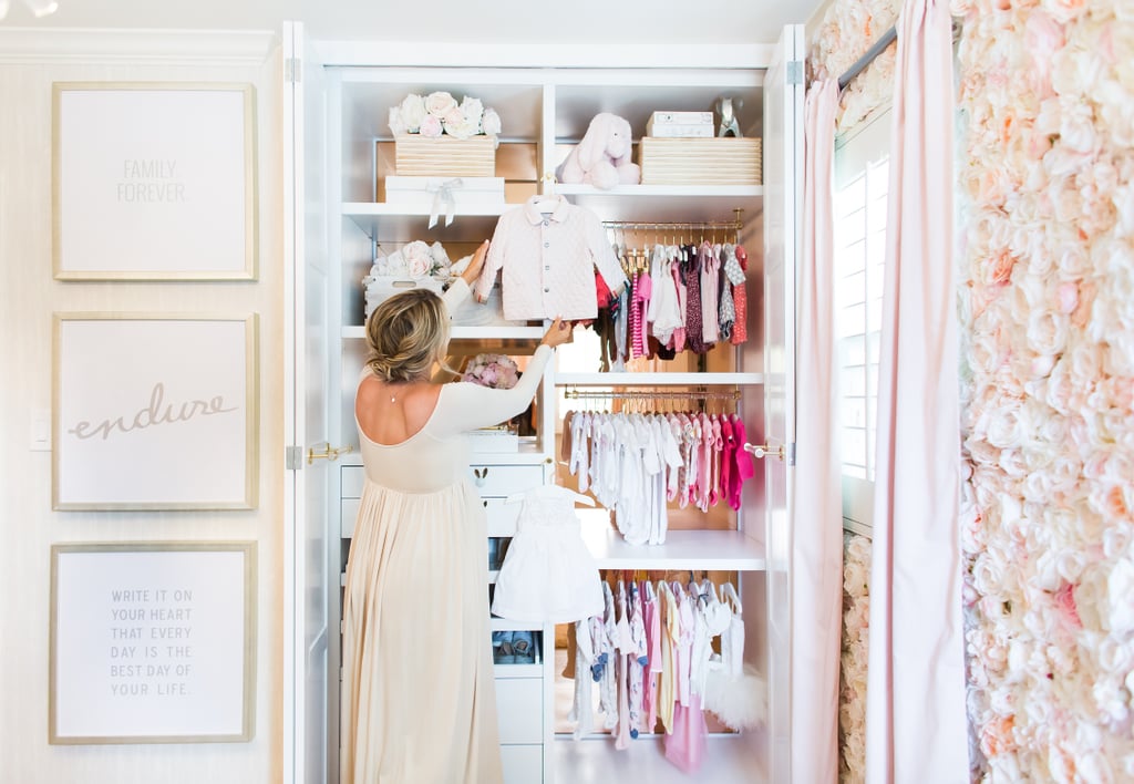 One of the most striking elements of baby Molly's closet is the warm rose-gold mirrored back. "This adds dimension to the space and is also a cool aesthetic detail," explains Lisa, who says you can add mirrors to the back of any cabinets to achieve a similar look.