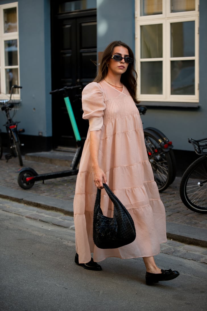 puff-sleeve maxi dress, flats 