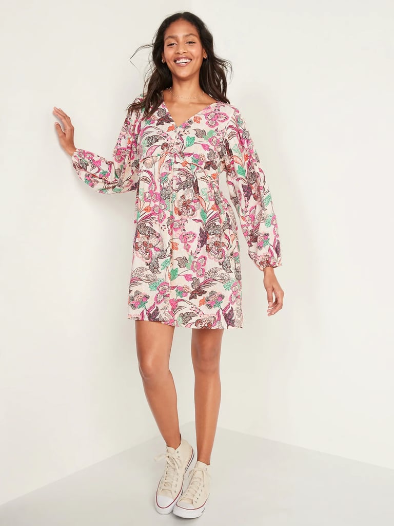 Old Navy Floral-Print V-Neck Long-Sleeve Swing Dress