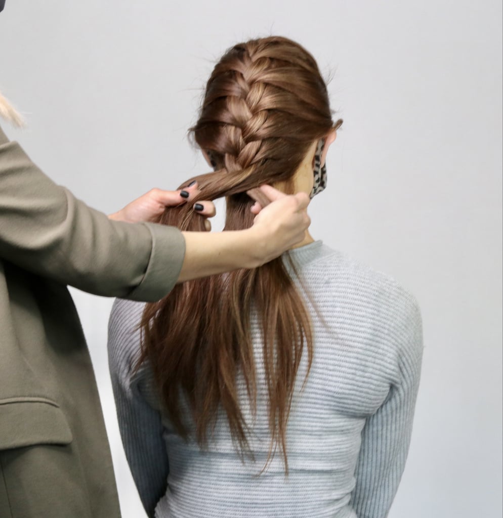 Repeat by gathering small pieces of hair from either side of your head, gathering it into the braid each time while working your way down until you get to the nape of the neck.