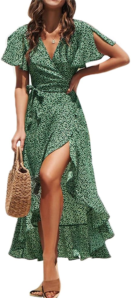 Fleur Wood Short-Sleeve Floral Wrap Maxi Dress