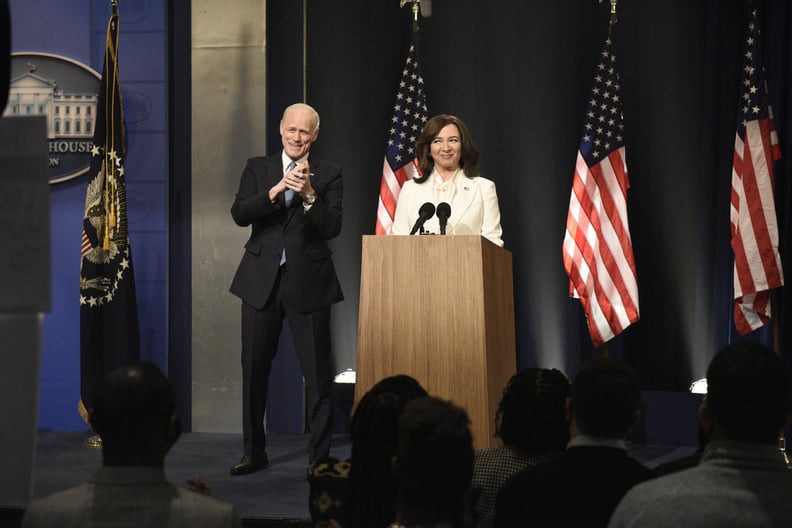 Maya Rudolph Wearing Her White Pantsuit as Kamala Harris on SNL