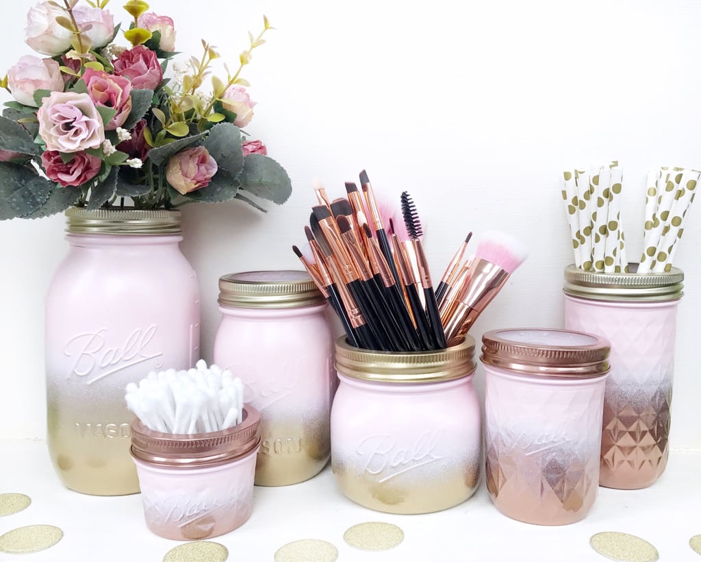 Gold Pink Mason Jar Organizers Cute Makeup Brush Holders