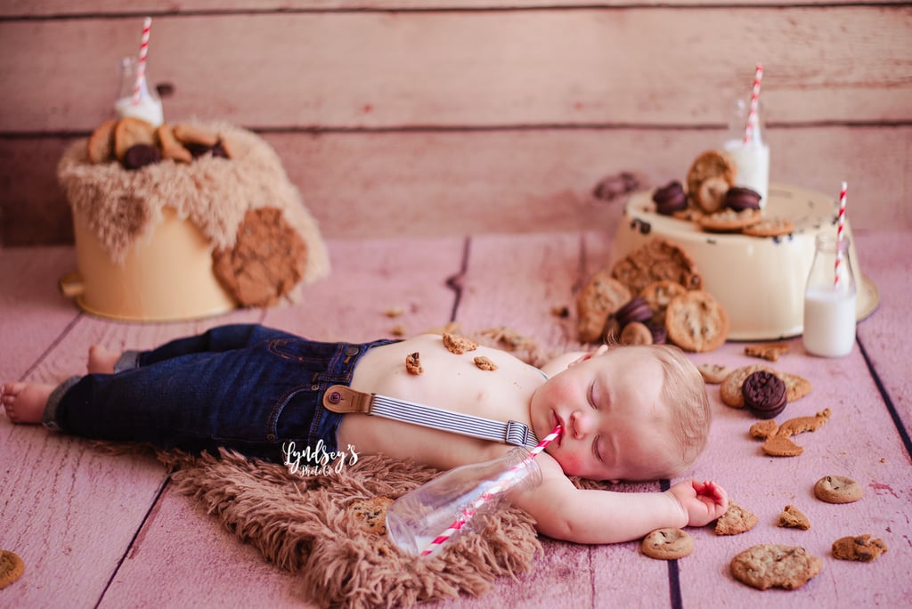 Photos of Baby Asleep During Milk and Cookies Birthday Shoot