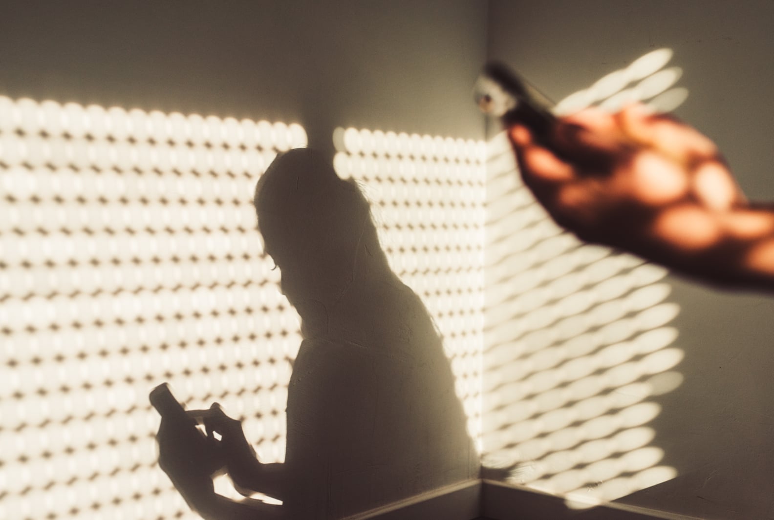 Shadow of a woman using a smartphone at home.