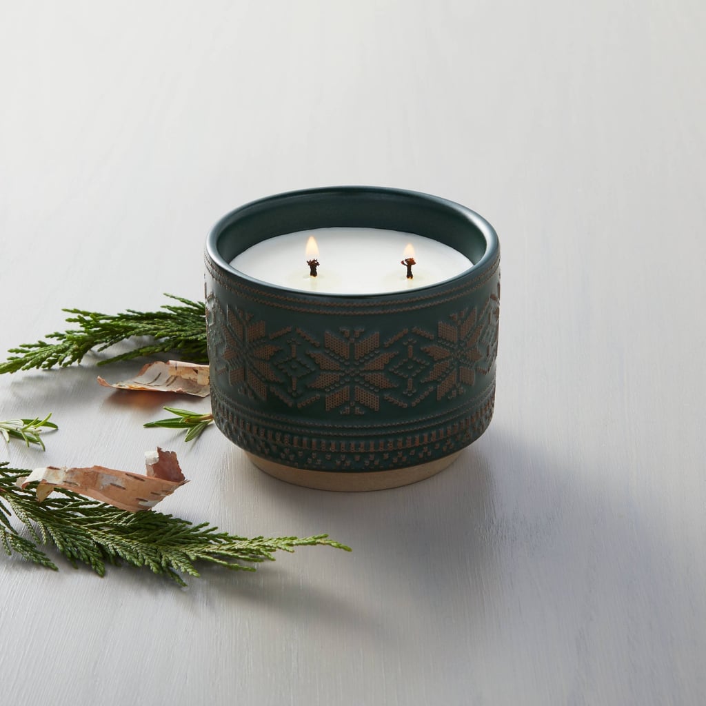A Festive Candle: Hearth & Hand with Magnolia 2-Wick Snowflake Embossed Ceramic Seasonal Jar Candle