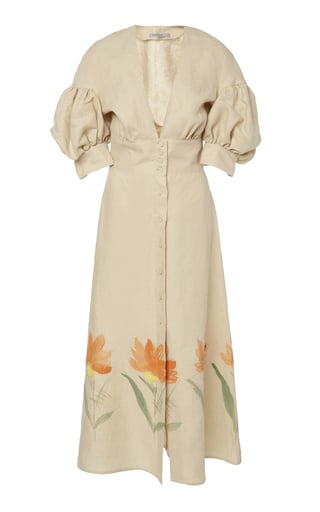 Silvia Tcherassi  Cameron Puff Sleeve Linen-Blend Midi Dress