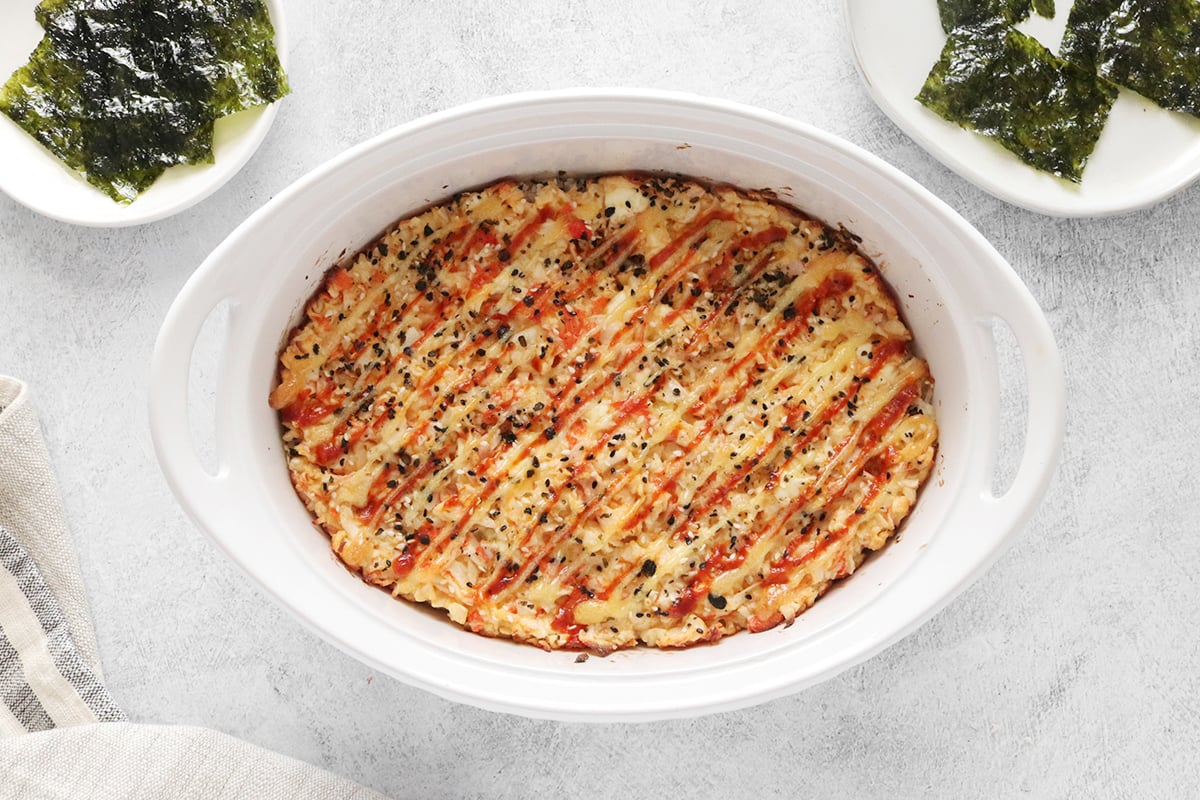 Sushi bake in casserole dish