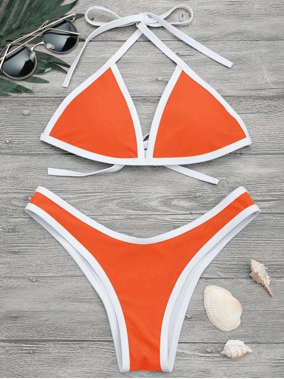 Zafull High Cut Contrast Piping Bikini Set Paltrow Orange