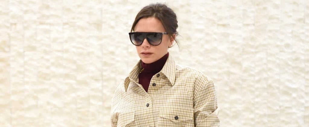 Victoria Beckham Wearing Checked Skirt and Shirt