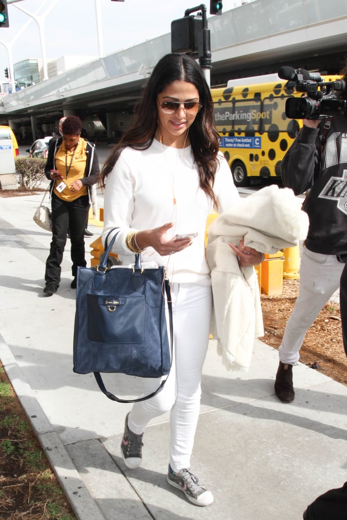 Camila Alves Wears Draper James Blue Suede Tote