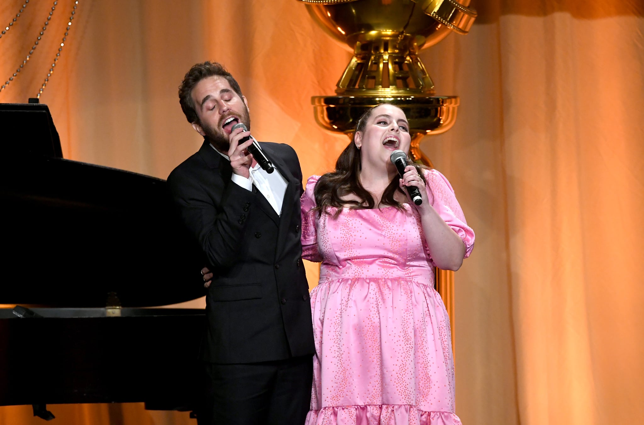 BEVERLY HILLS, CALIFORNIA - JULY 31: (L-R) Ben Platt and Beanie Feldstein speak onstage during Hollywood Foreign Press Association's Annual Grants Banquet at Regent Beverly Wilshire Hotel on July 31, 2019 in Beverly Hills, California. (Photo by Kevin Winter/Getty Images)